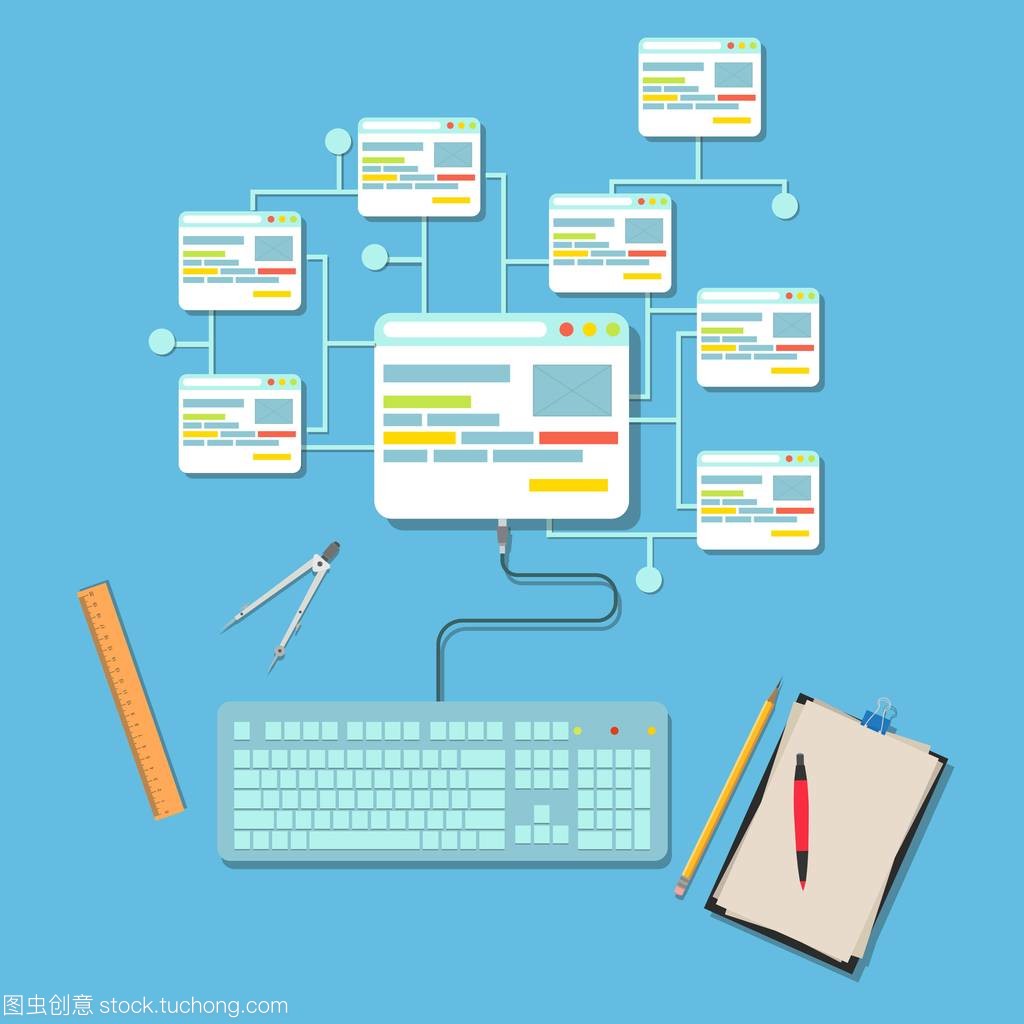 网页设计概念矢量平面插画设计。网页网站建设流程开发